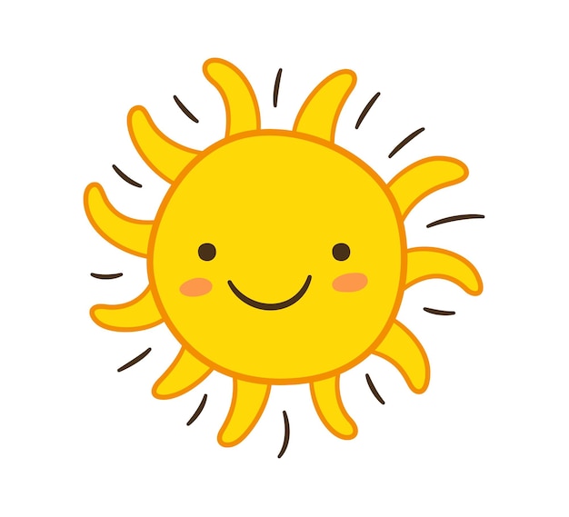 Ícone de sol desenhado à mão Sol amarelo sorrindo com raios Símbolo de desenho infantil Sol desenhado à mão Personagem de estrela Sinal de clima quente Ilustração vetorial isolada em fundo branco
