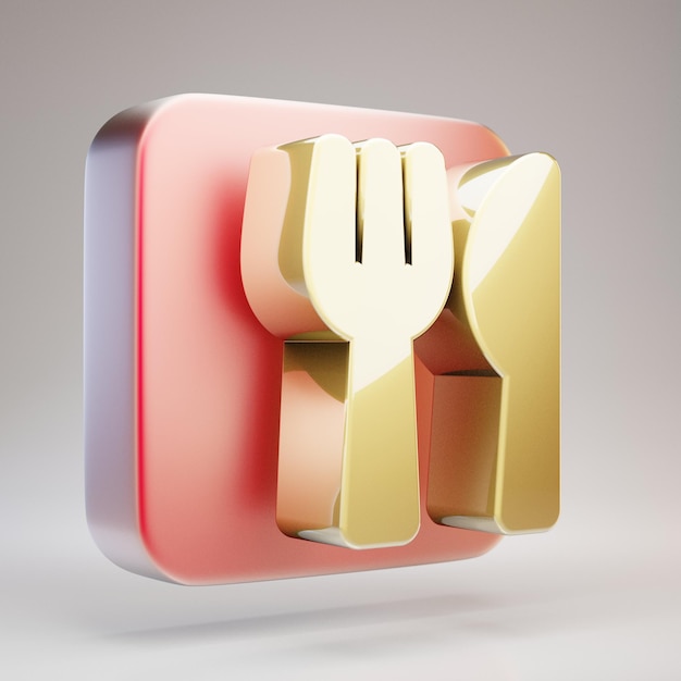 Foto Ícone de utensílios. símbolo dourado dos utensílios na placa de ouro vermelho fosco. ícone de mídia social renderizado 3d.