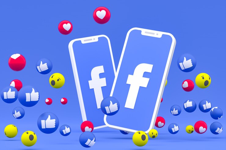 Foto ícone do facebook na tela smartphone e reações no facebook amor, uau, como emoji 3d render
