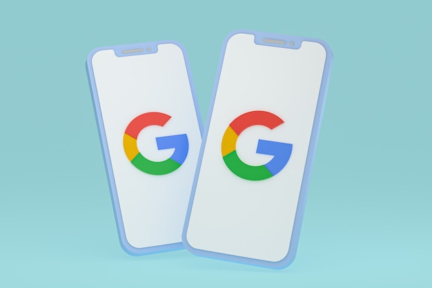 Foto Ícone do google na tela do smartphone ou renderização 3d do telefone móvel