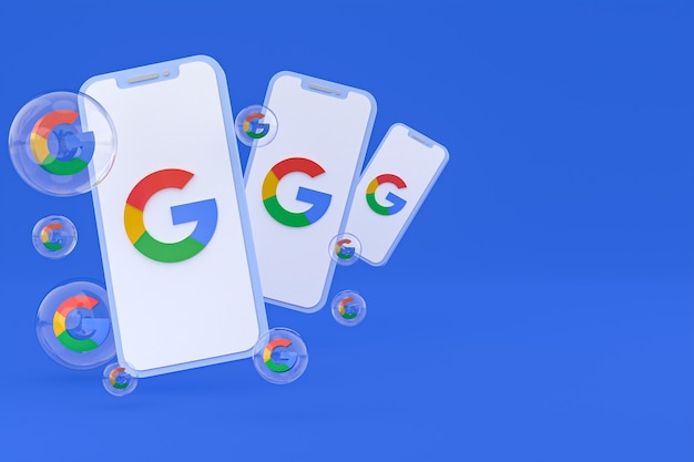 Foto Ícone do google na tela do smartphone ou renderização 3d do telefone móvel