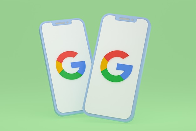 Ícone do google na tela do smartphone ou renderização 3d do telefone móvel