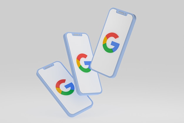 Ícone do google na tela do smartphone ou renderização 3d do telefone móvel