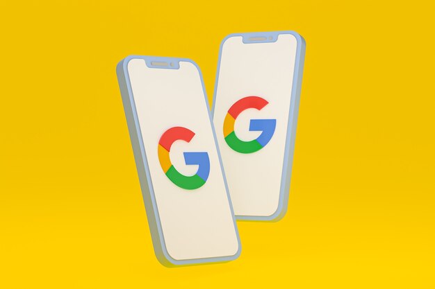 Foto Ícone do google na tela do smartphone ou renderização 3d do telefone móvel