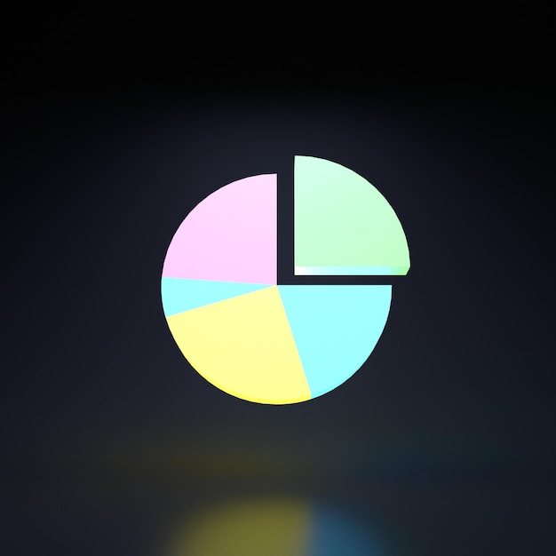 Ícone do gráfico de pizza Elemento de néon em uma ilustração de renderização 3D de fundo preto