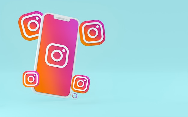 Ícone do instagram na tela do smartphone ou reações móveis e instagram 3d render