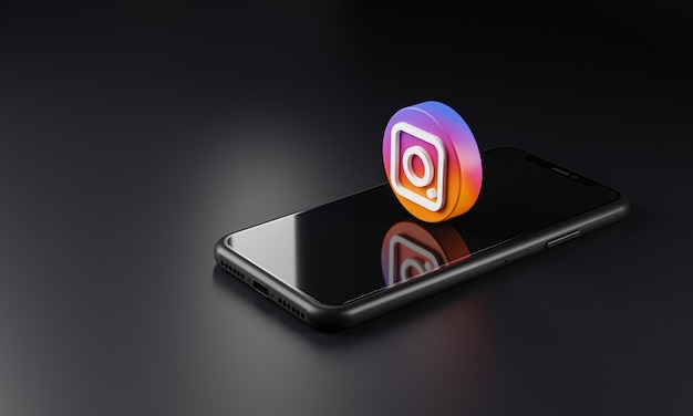 Foto Ícone do logotipo do instagram em smartphone, renderização em 3d