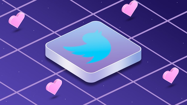 Ícone do logotipo do twitter com corações em torno de 3d