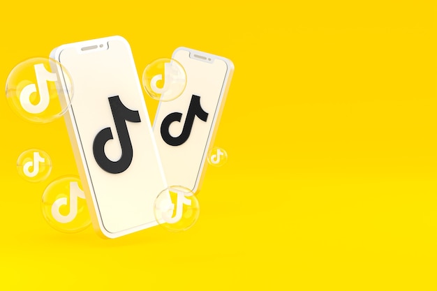 Ícone do tiktok na tela do smartphone ou celular renderização 3d em fundo amarelo