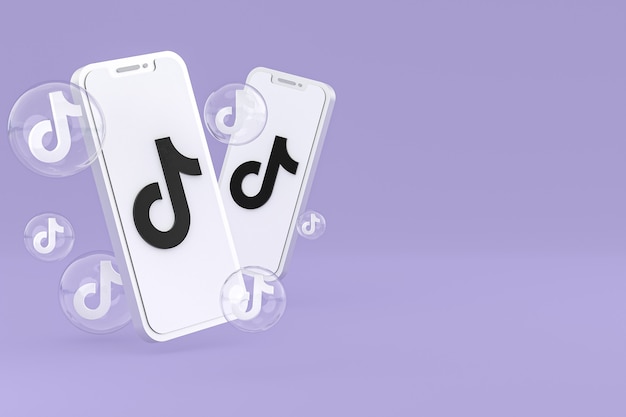 Ícone do tiktok na tela do smartphone ou celular renderização 3d em fundo roxo