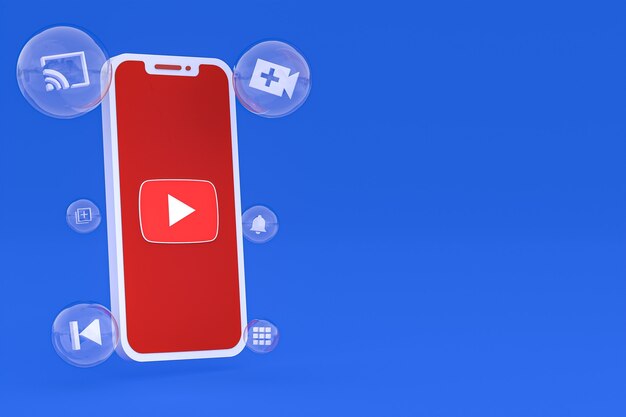 Ícone do youtube na tela do smartphone ou renderização 3d do telefone móvel em fundo azul