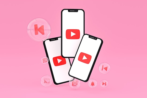 Foto Ícone do youtube na tela do smartphone ou renderização 3d do telefone móvel em fundo rosa