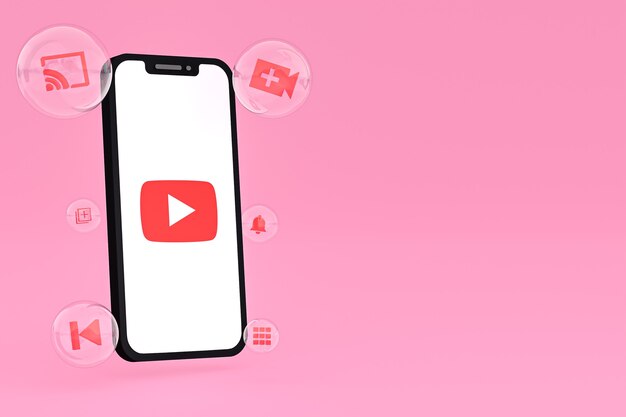 Ícone do youtube na tela do smartphone ou renderização 3d do telefone móvel em fundo rosa