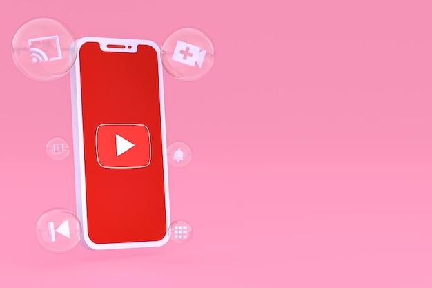 Ícone do Youtube na tela do smartphone ou renderização 3D do telefone móvel em fundo rosa