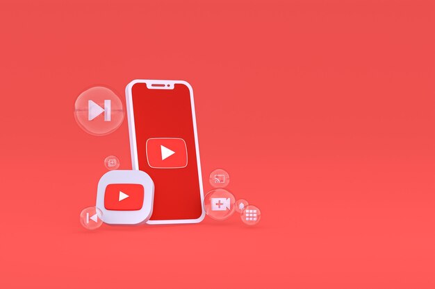 Ícone do youtube na tela do smartphone ou renderização 3d do telefone móvel em fundo vermelho