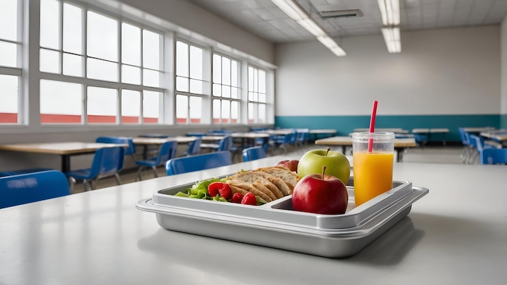 Foto ícone plano 3d como cafeteria escolar e conceito de bandeja de almoço como uma cafeteria escolar caprichosa com um almoço