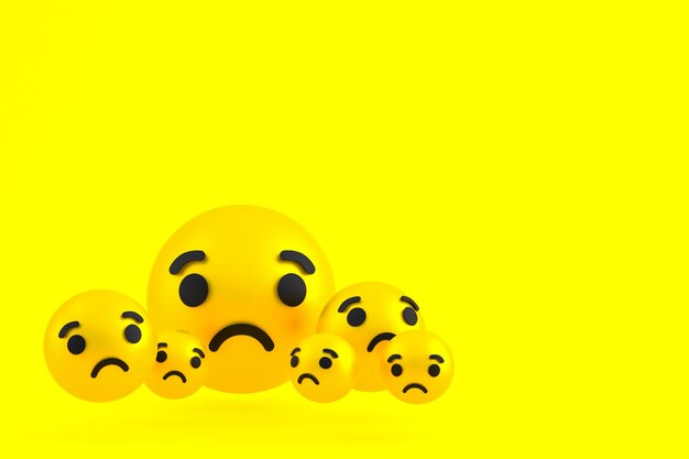 Ícone triste emoji de reações do facebook renderização em 3d, símbolo de balão de mídia social em amarelo