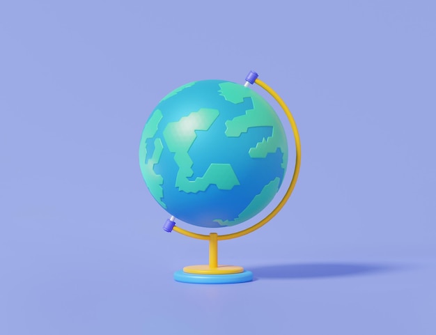 Ícone único do globo terrestre 3d no fundo roxo, aprendendo ciências, geografia, educação, viagens, desenho mínimo, bonito, suave, ilustração de renderização 3dxa