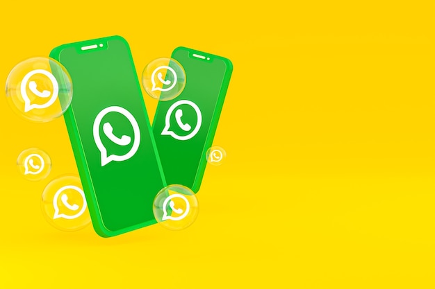 Ícone whatapps na tela do smartphone ou renderização 3d do telefone móvel em fundo amarelo