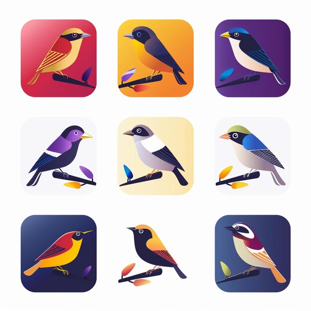 Icones de colores vibrantes para el diseño de aplicaciones de observación de aves