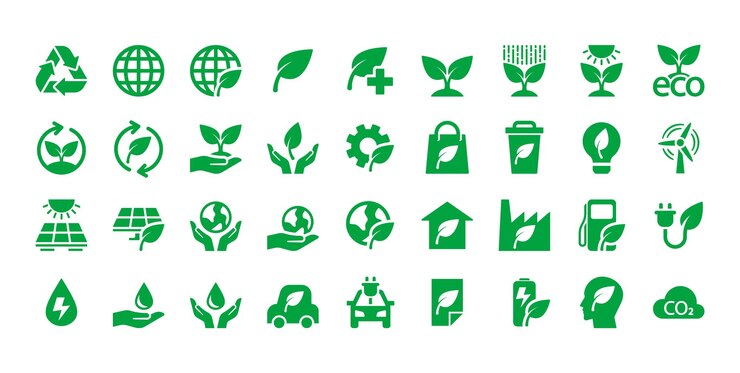 Foto ícones de ecologia com mãos segurando folha de planta, gota de água e símbolos da terra elementos de design