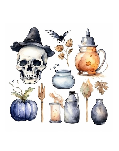 Ícones de Halloween em aquarela Decoração de Halloween vitoriana vintage Elementos místicos de bruxas caveira lanterna de abóbora garrafa de veneno crânio de corvo estilo gótico