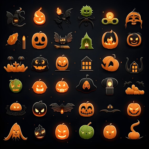 Ícones de Halloween em fundo preto para design gráfico e web