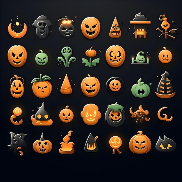 Ícones de Halloween em fundo preto para design gráfico e web