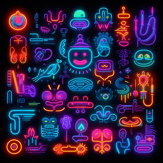 Icones de Jogos de Neon Radiantes e Pacote de Design de Emoji Expressivo