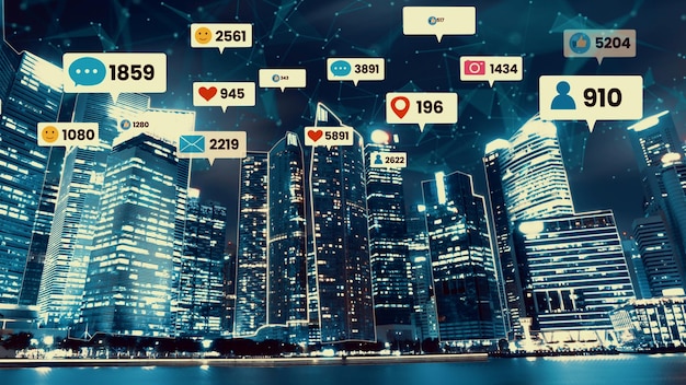 Ícones de mídia social sobrevoam o centro da cidade mostrando a conexão de engajamento das pessoas