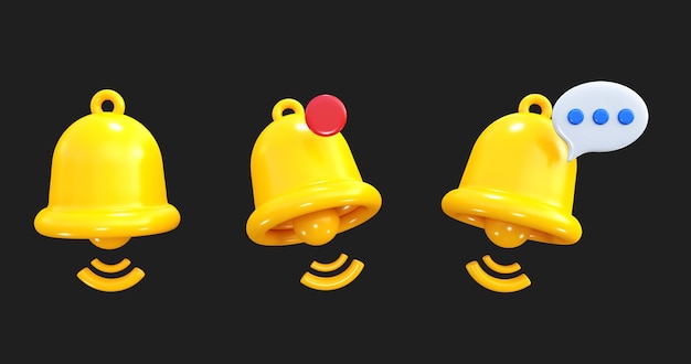 ícones de notificação de sino amarelo em renderização 3d de fundo preto