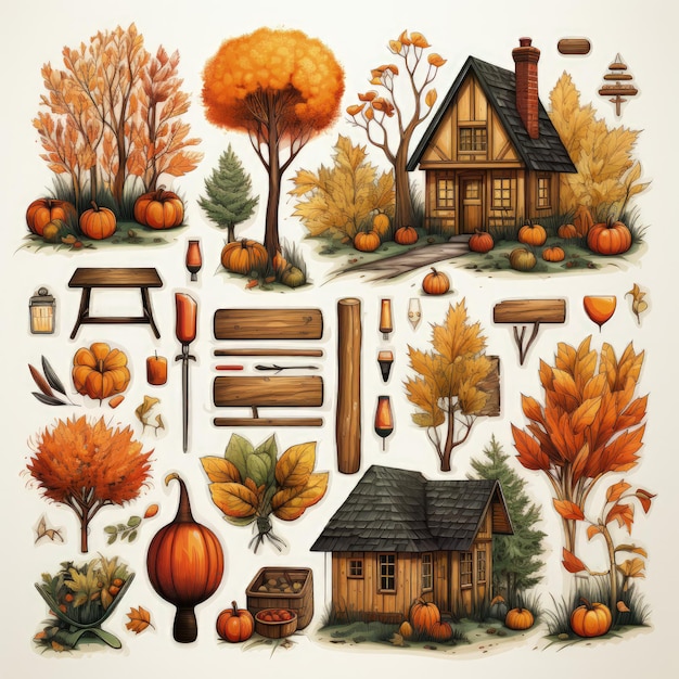 ícones de outono definir adesivo em fundo branco