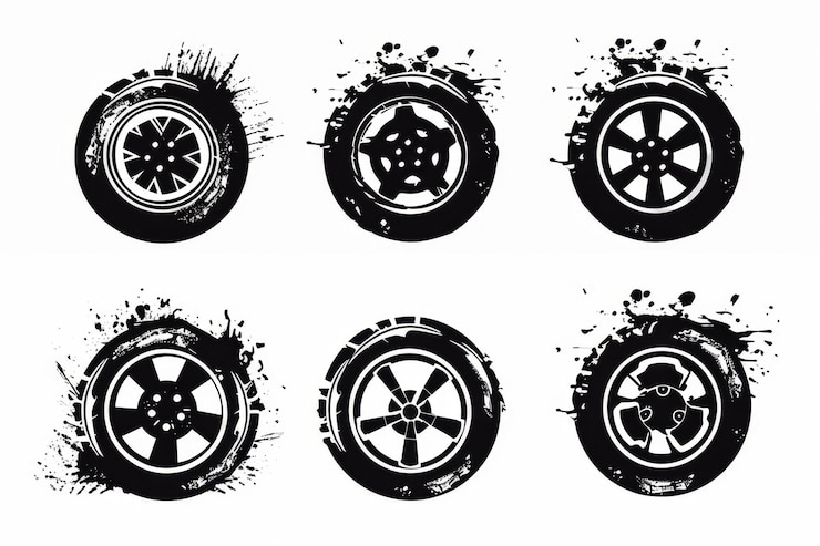 Foto ícones de rodas de carro silhuetas de pneus graffiti spray rim símbolo rodas de carro sinal pictogramas de pneus de carro