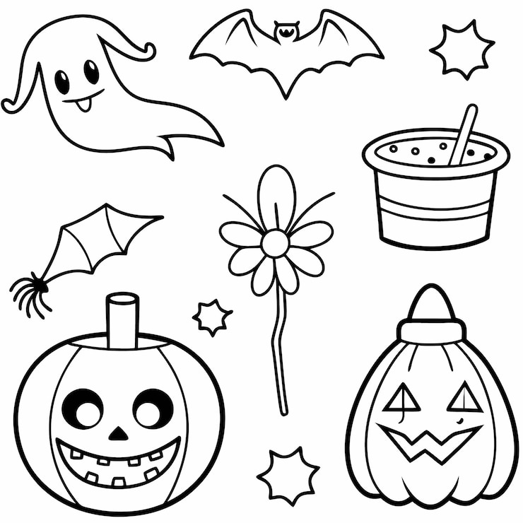 Foto ícones divertidos e assustadores de halloween para crianças fantasmas abóboras e morcegos