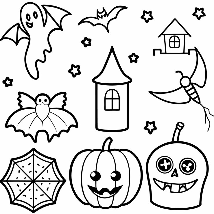 Foto ícones divertidos e assustadores de halloween para crianças fantasmas abóboras e morcegos