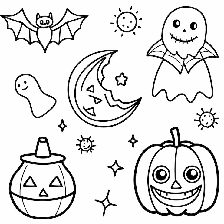 Foto ícones divertidos e assustadores de halloween para crianças fantasmas abóboras e morcegos