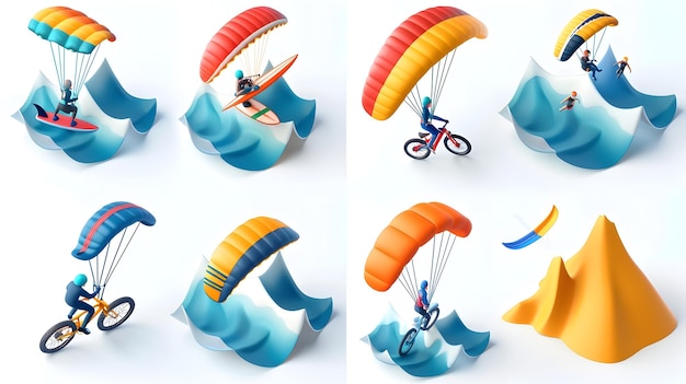 Foto Ícones dos esportes de aventura paragliding surfing e mountain biking em um estilo dinâmico de desenho animado