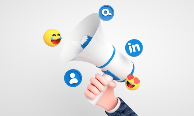 Ícones e logotipos do Linkedin com megafone 3d para fundo de marketing de mídia digital e social