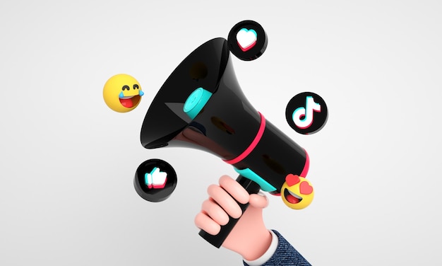 Ícones e logotipos do Tiktok com megafone 3d para fundo de marketing de mídia digital e social