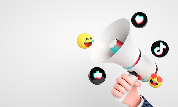 Ícones e logotipos do Tiktok com megafone 3d para fundo de marketing de mídia digital e social