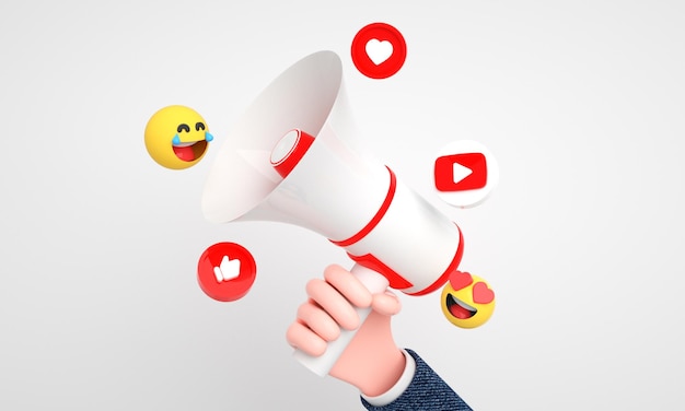 Ícones e logotipos do Youtube com megafone 3d para fundo de marketing de mídia digital e social