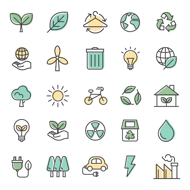 Icones png ambientais para negócios em conjunto de linhas simples verdes
