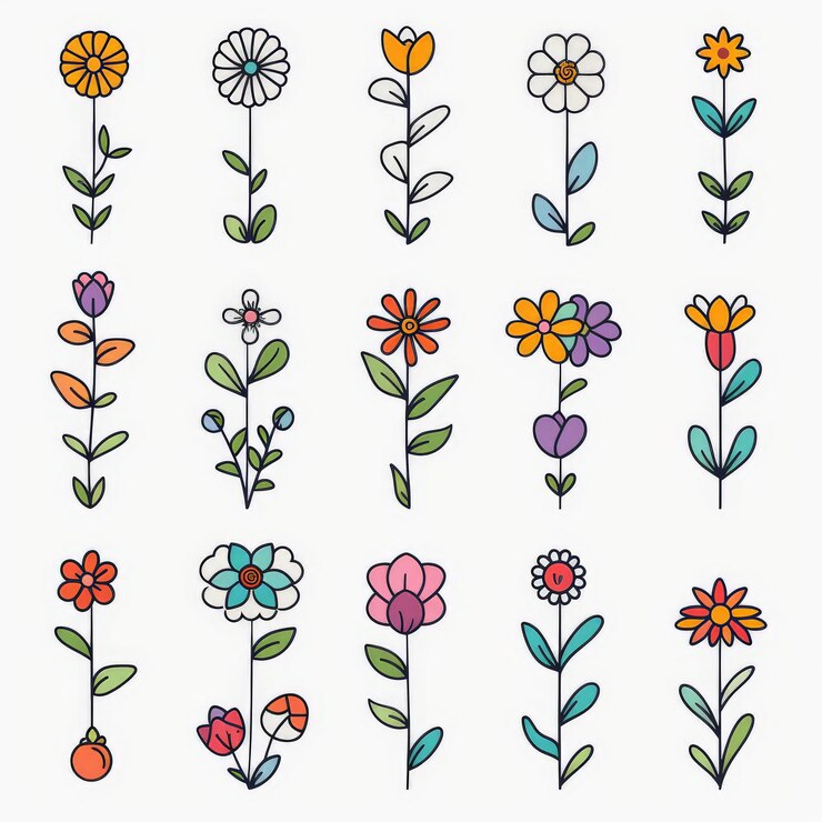 Foto icones profissionais e minimalistas set de flores cor linear arte linear plana 2d preto e branco fundo branco estilizar 50