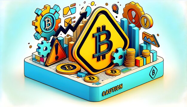 Iconha plana 3D Cuidado do investidor em Bitcoin com gráfico abstrato e sinais de alerta