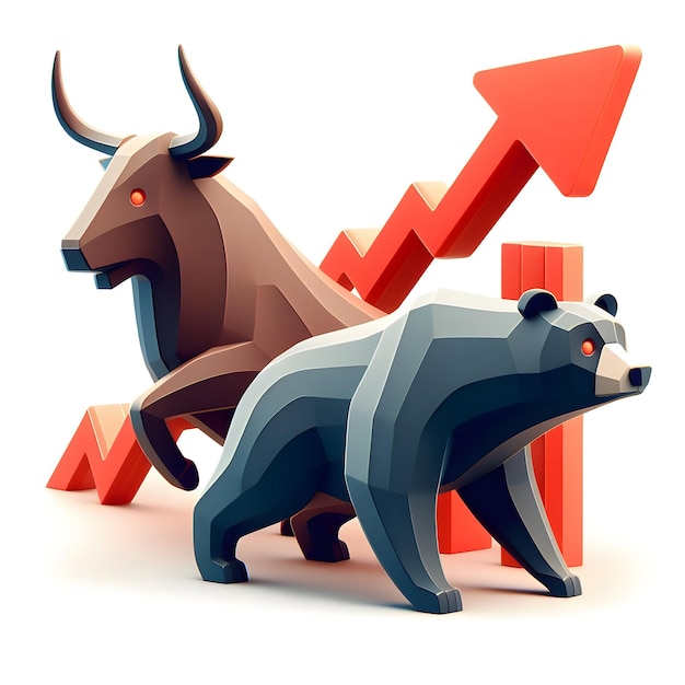 Iconha plana 3D Dinâmica do mercado de ações Conceito como silhuetas abstratas de touro e urso com fundo branco