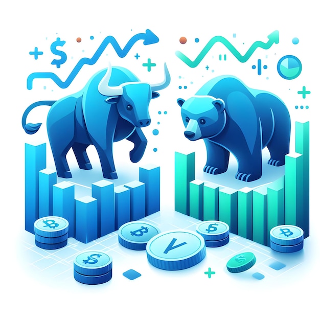 Foto iconha plana 3d dinâmica do mercado de ações conceito como silhuetas abstratas de touro e urso com fundo branco