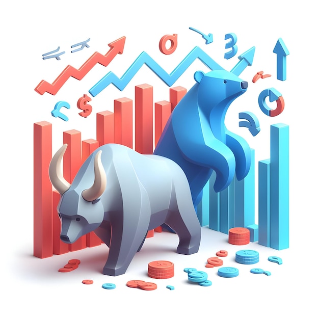 Iconha plana 3D Dinâmica do mercado de ações Conceito como silhuetas abstratas de touro e urso com fundo branco