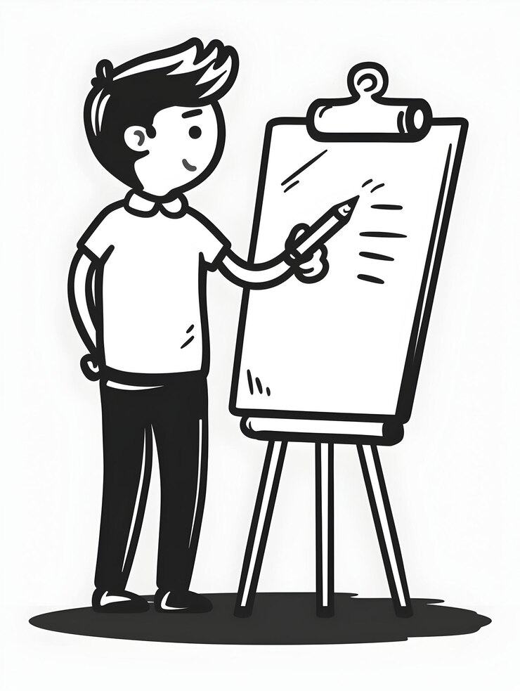 Foto iconha plana 3d pessoa de pé com flip chart apontadores de apresentação apresentações de trabalho envolventes