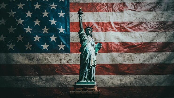 La icónica Estatua de la Libertad Un retrato cinematográfico en colores naturales contra la bandera estadounidense Premio ganador de fotografía editorial de 8K