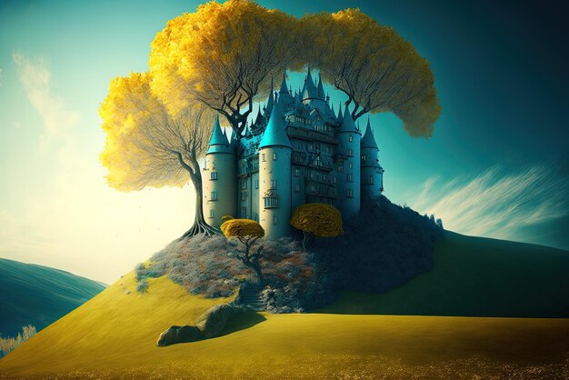 Iconico castillo azul encaramado sobre una ladera verde cubierta de árboles dorados